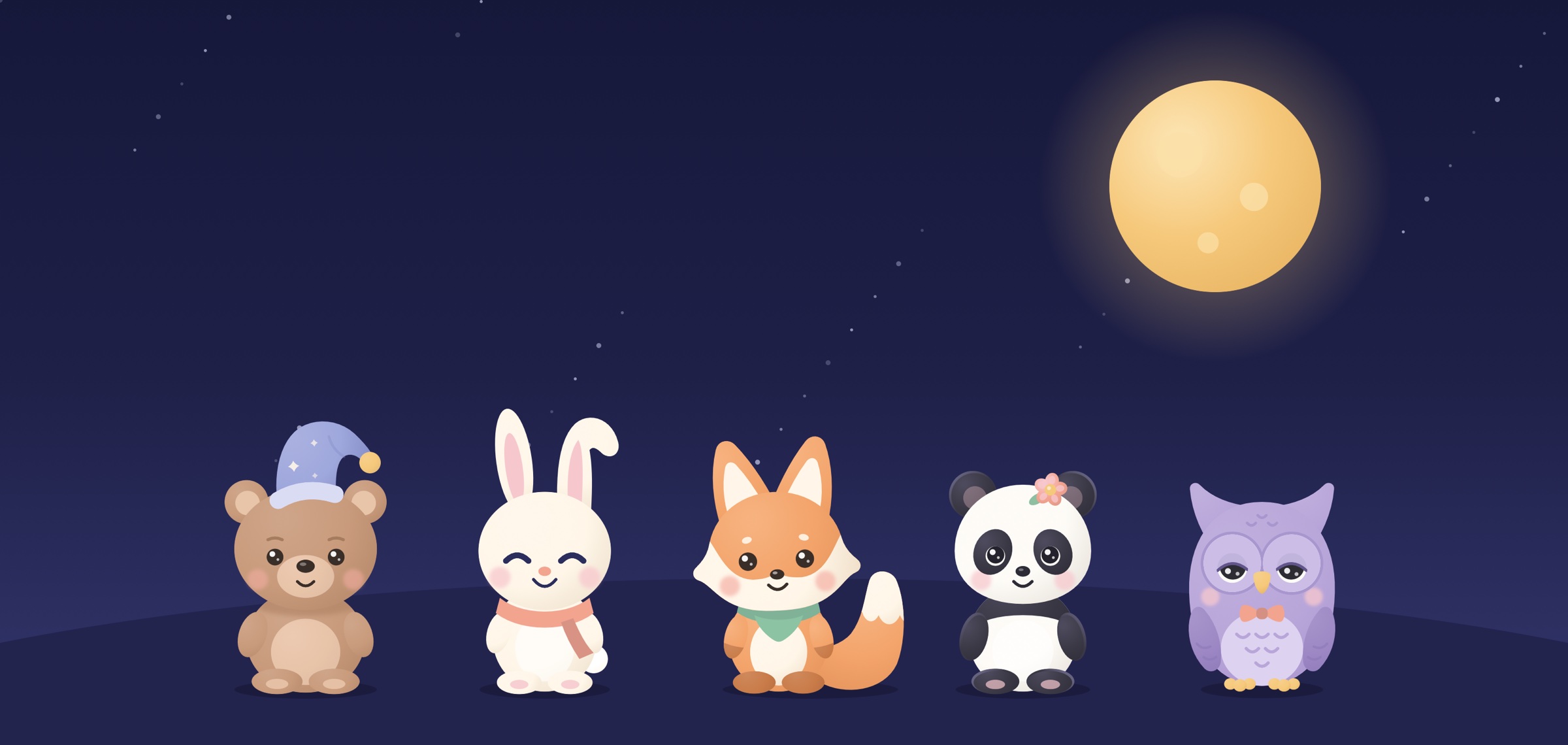 Momo the bear, Lumi the bunny, Niko the fox, Pippa the panda and Ollie the owl under a golden moon