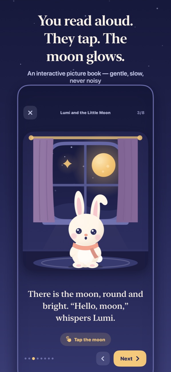 A story page: Lumi at the window, tap the moon